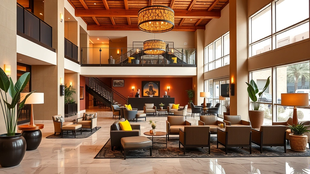 Modern hotel lobby interior with southwestern decor, comfortable seating areas, warm lighting, marble floors, contemporary furniture, plant accents, professional hospitality setting