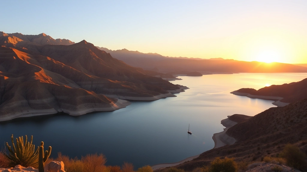 Lake Mead scenic overlook at sunset with calm water, desert mountains, golden hour lighting, clear sky, peaceful water recreation area, natural landscape photography