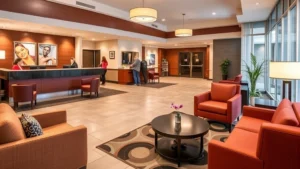 Modern hotel lobby with comfortable seating, warm lighting, and contemporary décor in Bowling Green Ohio style, guests checking in at front desk, welcoming atmosphere