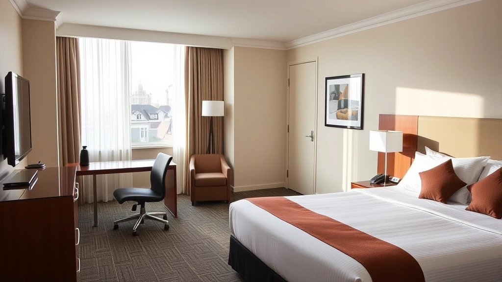 Spacious hotel room interior with comfortable bed, work desk, and modern furnishings, clean bright space with natural light from window showing residential area outside