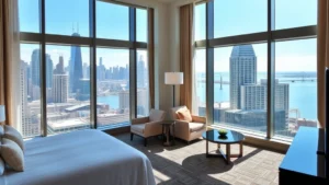 Modern hotel room with floor-to-ceiling windows overlooking Chicago skyline and Lake Michigan, contemporary furniture and neutral tones, daylight streaming in