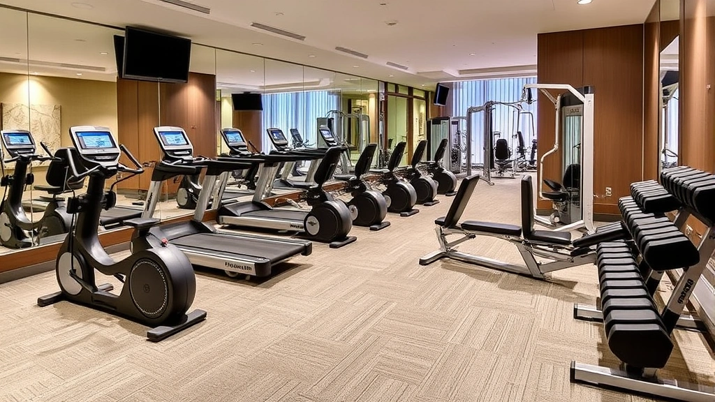 Hotel fitness center with cardio equipment, free weights, and exercise machines, bright lighting, clean modern facility with large mirrors