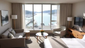 Modern hotel room in Dunedin with harbor views, contemporary furniture, large windows overlooking water, neutral color palette, sunlit natural lighting, New Zealand coastal aesthetic