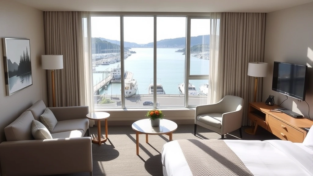 Modern hotel room in Dunedin with harbor views, contemporary furniture, large windows overlooking water, neutral color palette, sunlit natural lighting, New Zealand coastal aesthetic