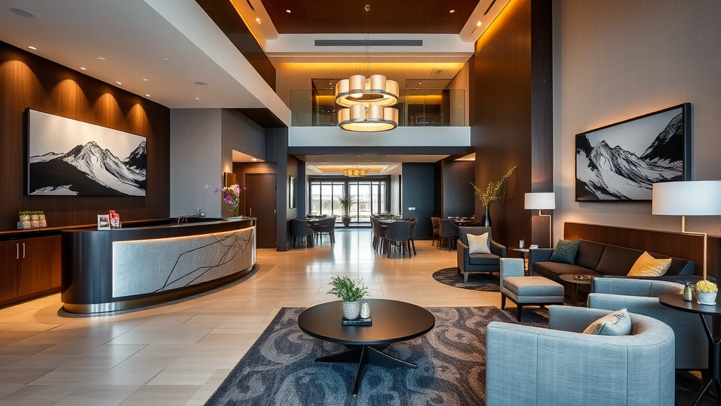 Upscale hotel lobby with elegant reception desk, comfortable seating areas, local artwork on walls, professional hospitality setting, warm ambient lighting, contemporary New Zealand design elements