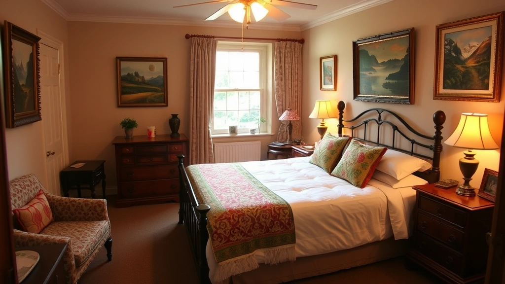 Cozy boutique bed and breakfast bedroom with heritage furnishings, local artwork, comfortable bedding, period features, warm inviting atmosphere, traditional New Zealand character