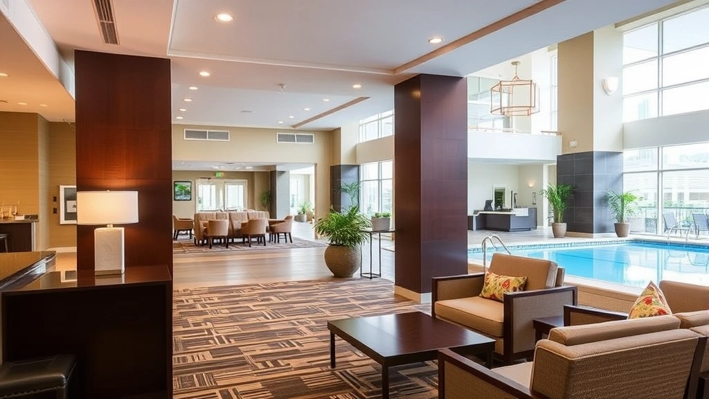 Hotel lobby with comfortable seating area, indoor pool visible in background, contemporary decor, natural lighting from windows, welcoming hospitality environment