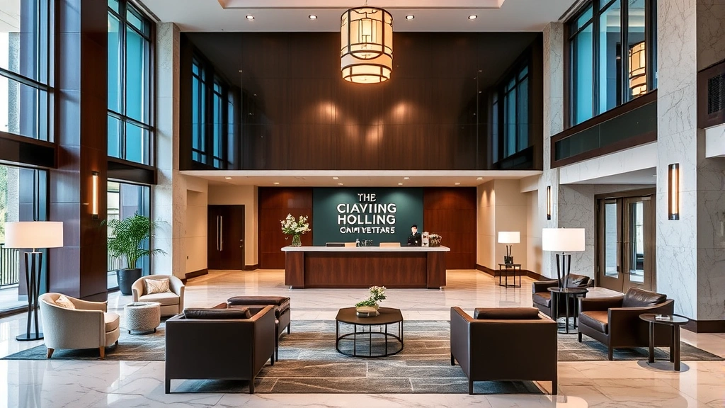 Modern luxury hotel lobby with marble flooring, contemporary furniture, and welcoming check-in desk in Northern Virginia hospitality setting