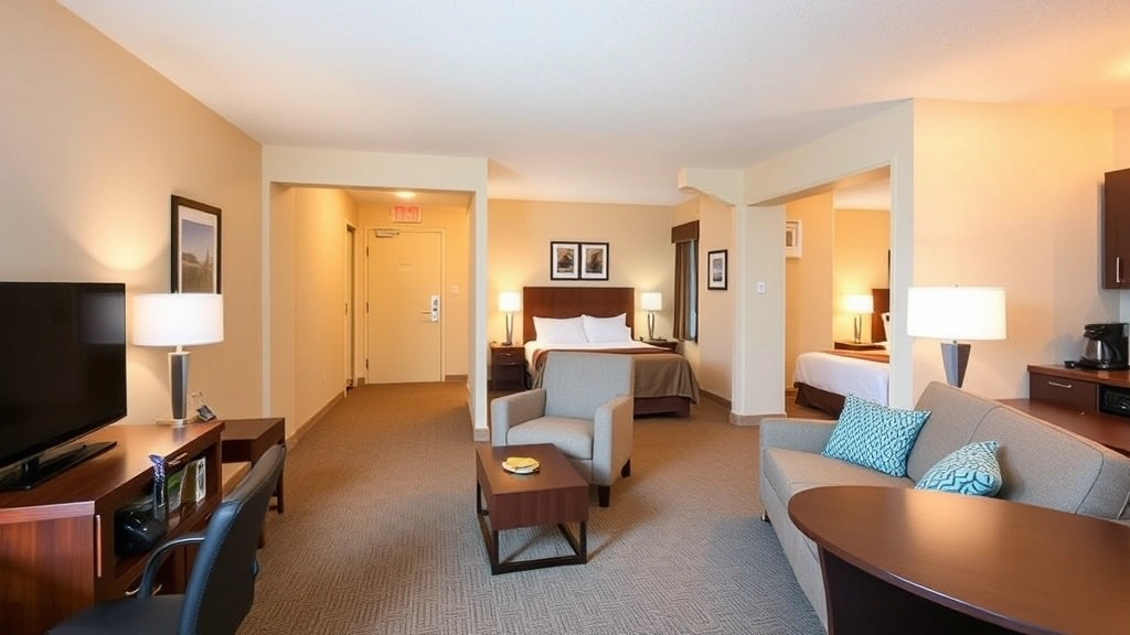 Spacious hotel suite with comfortable seating area, kitchenette, separate bedroom, and warm lighting for family accommodations