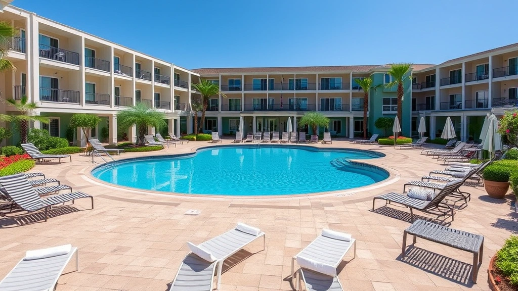 Hotel outdoor pool area surrounded by lounge chairs and landscaping with clear blue water and summer atmosphere