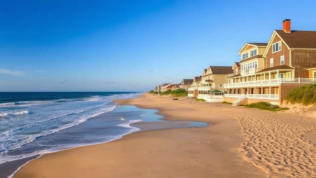 Coastal beachfront hotel exterior with ocean waves, sandy beach, and blue sky reflecting New England maritime charm and luxury hospitality