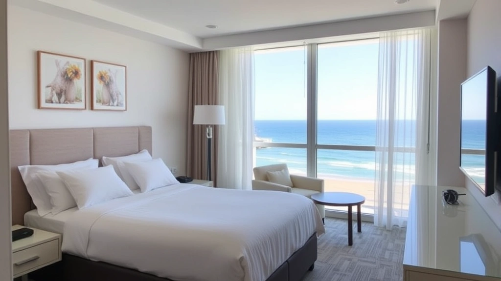 Comfortable modern hotel guest room with ocean view window, clean linens, contemporary furnishings, and welcoming hospitality atmosphere