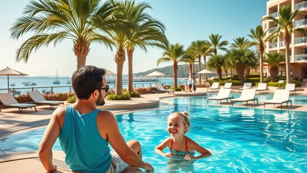 Family enjoying outdoor hotel pool area with palm trees, lounge chairs, and waterfront landscape during sunny vacation day