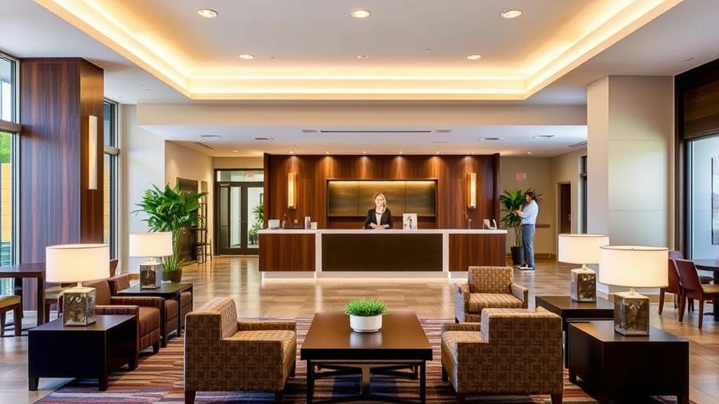 Modern hotel lobby in Gainesville Georgia with warm lighting, comfortable seating areas, and professional front desk staff assisting guests, showcasing contemporary hospitality design and welcoming atmosphere