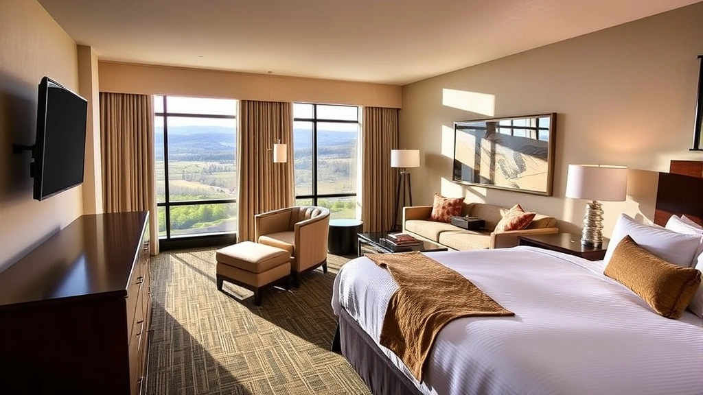 Spacious hotel bedroom with king bed, modern furnishings, large windows showing North Georgia landscape views, flat-screen television, and comfortable seating area with natural daylight