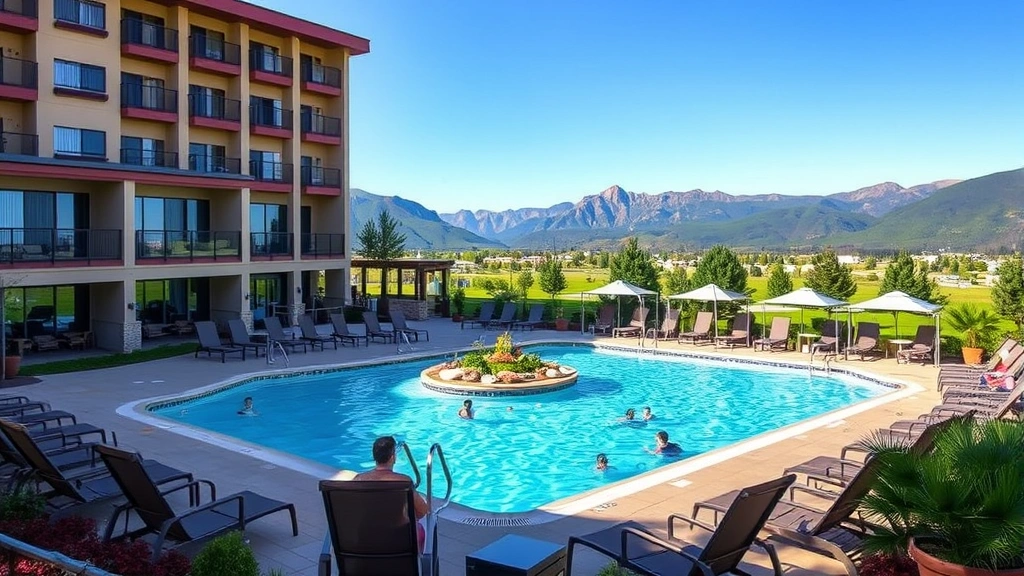 Hotel outdoor pool area surrounded by lounge chairs and landscaping, with mountain views in background, clear blue water, and guests enjoying recreational amenities in pleasant weather