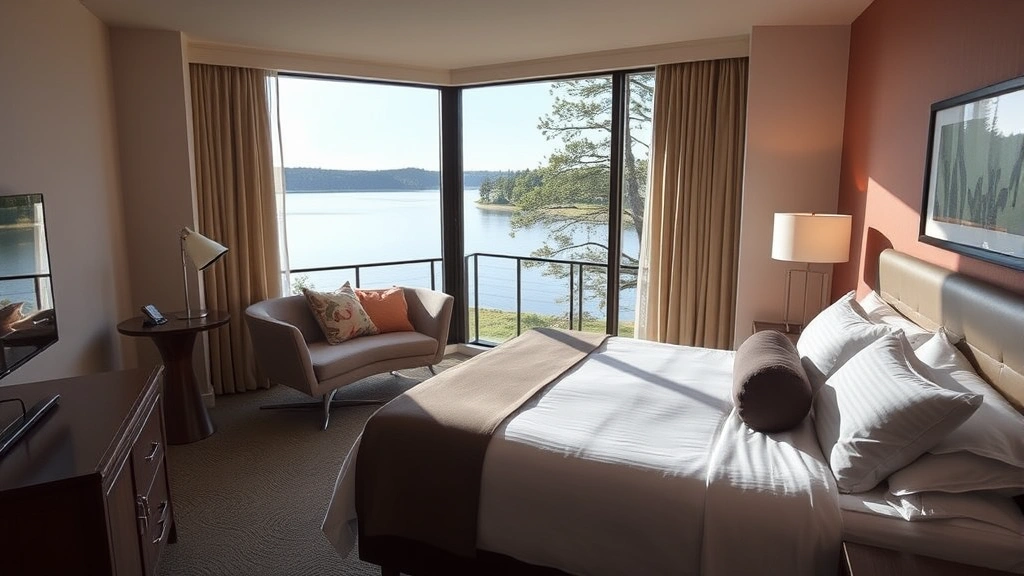 Cozy hotel bedroom with large window overlooking lake, comfortable bedding, modern furnishings, natural light streaming through glass, peaceful water view