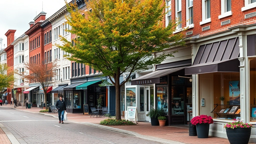 Grand Marais downtown street scene with charming historic buildings, art galleries, local shops, autumn trees, peaceful walkable streetscape with few people