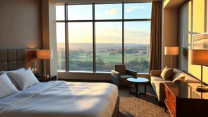 Modern hotel room interior with comfortable bed, clean linens, and contemporary furnishings overlooking a peaceful Kentucky landscape through large windows, warm natural lighting
