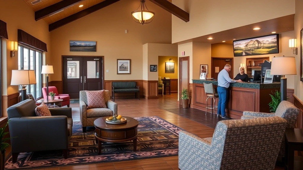 Welcoming hotel lobby featuring comfortable seating areas, professional front desk, warm lighting, and local Appalachian artwork on walls, guests checking in peacefully