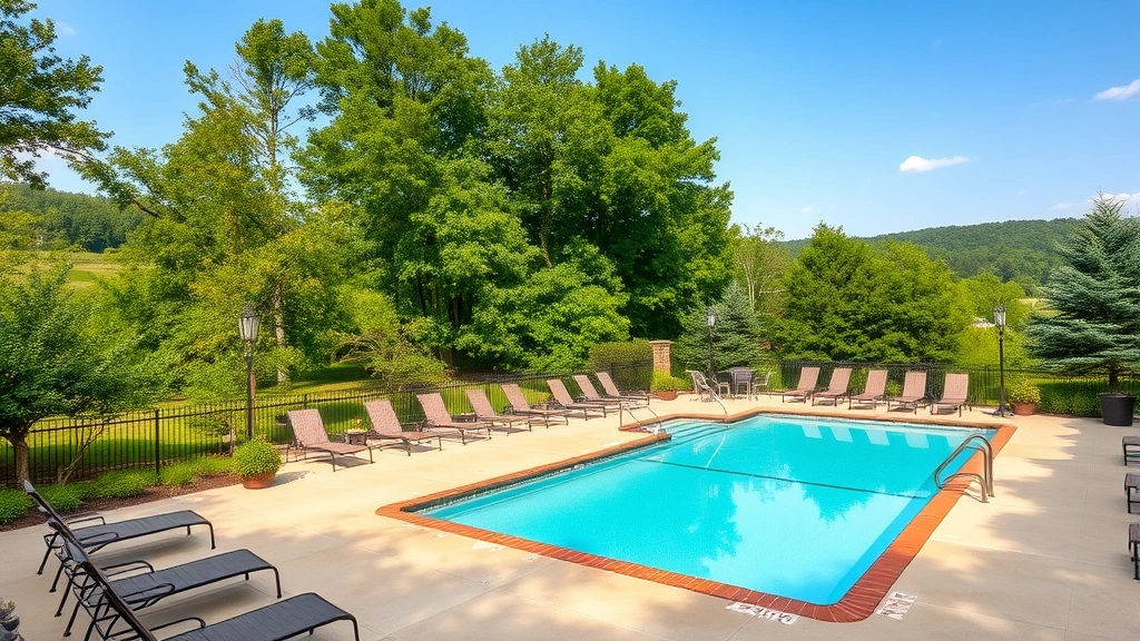 Outdoor hotel pool area surrounded by lush green trees and natural Kentucky scenery, comfortable lounge chairs, clear blue water, peaceful resort atmosphere