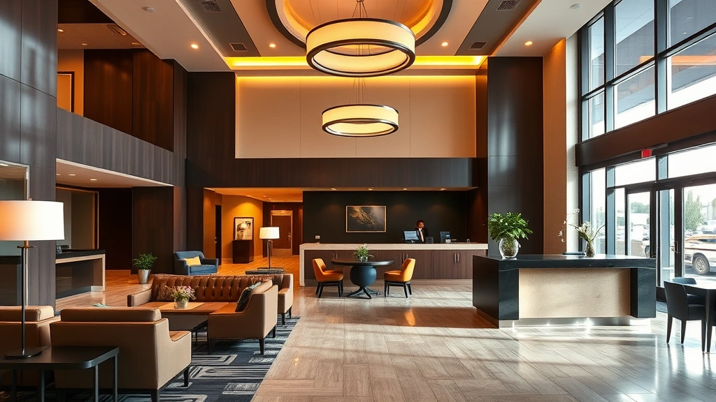 Luxurious modern hotel lobby in Greenville Mississippi with warm lighting, comfortable seating areas, and welcoming front desk, photorealistic daytime interior