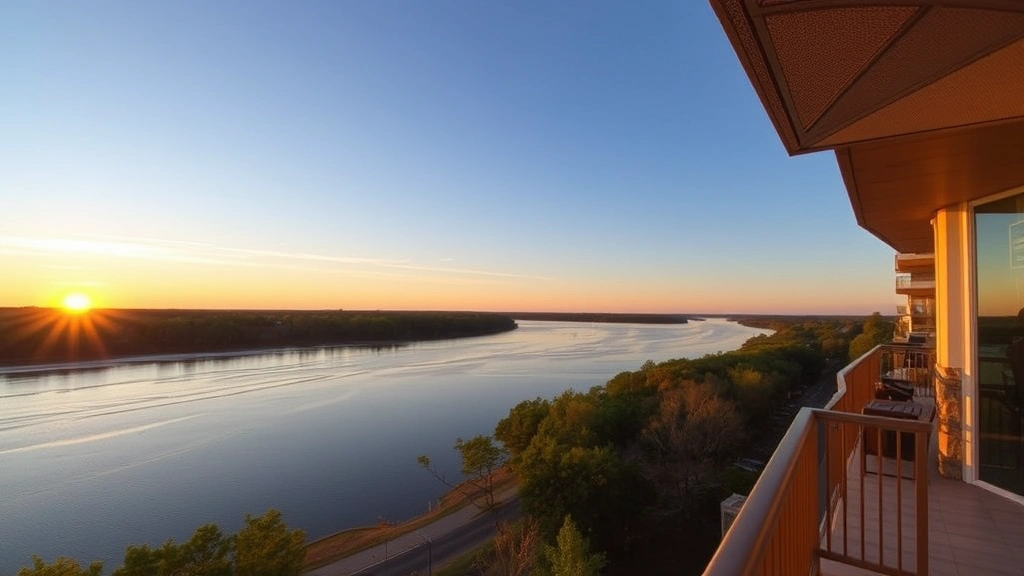 Scenic Mississippi River waterfront view from hotel balcony at sunset, trees and water visible, no signage or identifying marks, photorealistic landscape