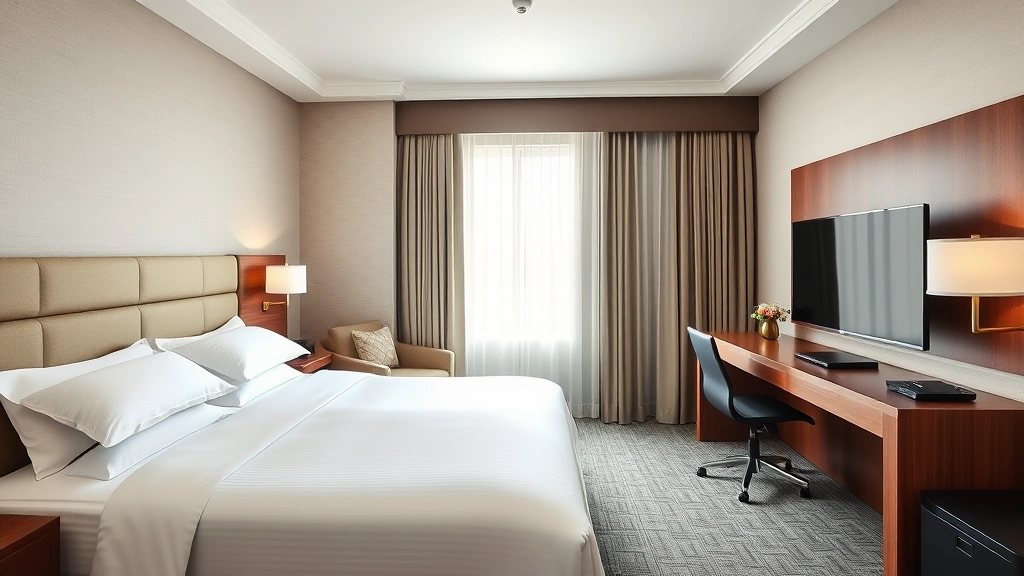 Comfortable hotel room interior with king bed, work desk, and modern amenities, neutral tones, natural window light, photorealistic bedroom photography