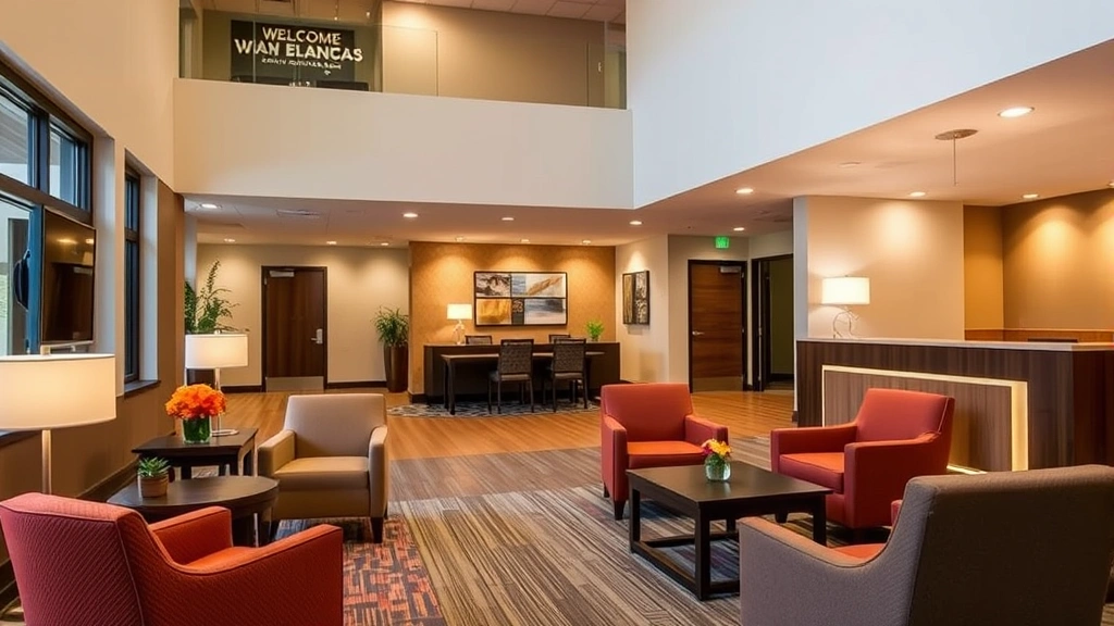 Modern hotel lobby with comfortable seating, warm lighting, and welcoming reception desk in a contemporary Illinois hotel property, no visible text or signage