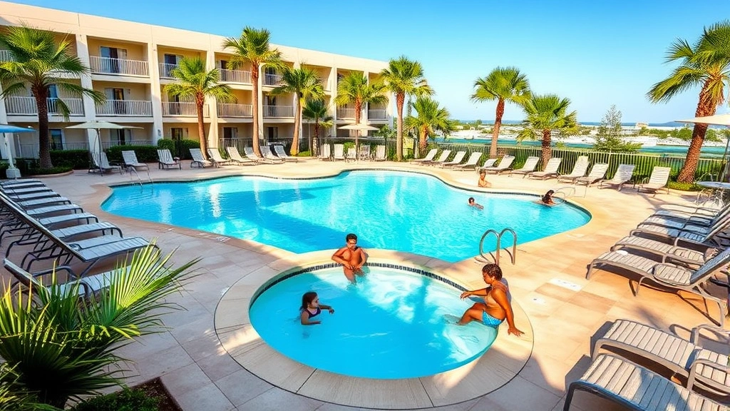 Family-friendly hotel pool area surrounded by lounge chairs, shallow kiddie pool section, palm plants, blue water, sunny afternoon atmosphere, resort-style setting