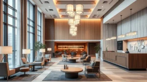 Modern hotel lobby with comfortable seating areas, contemporary lighting fixtures, and welcoming reception desk in neutral tones, photorealistic daylight setting