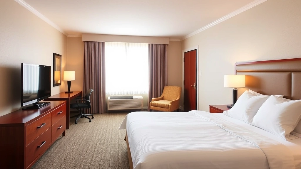 Spacious hotel room interior featuring queen bed with fresh linens, work desk with lamp, flat-screen TV mounted on wall, and large window with natural light