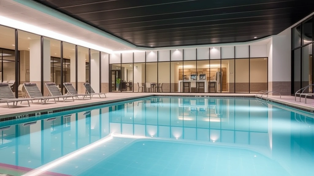 Indoor heated swimming pool with clear water, lounge chairs arranged poolside, modern glass partition walls, and bright overhead lighting in contemporary hotel facility