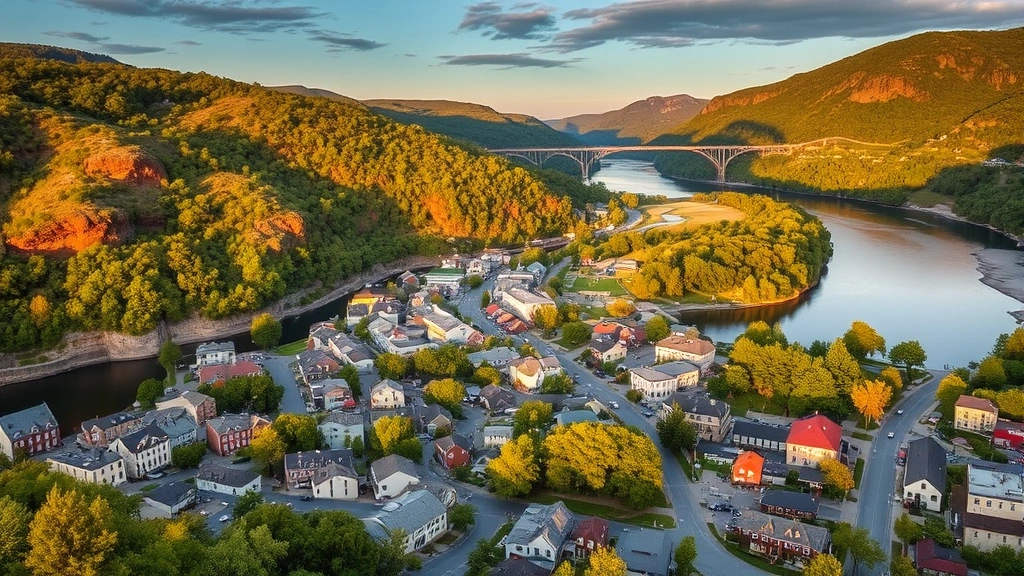 Scenic aerial view of Harpers Ferry riverside town nestled between mountains and river confluence, charming historic buildings and lush green landscape, golden hour lighting