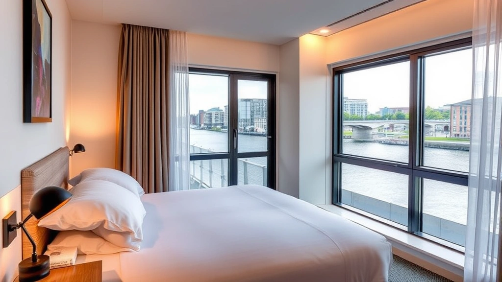 Comfortable modern hotel guest room with river view window, bed with quality linens, warm lighting, minimalist contemporary décor, welcoming hospitality atmosphere