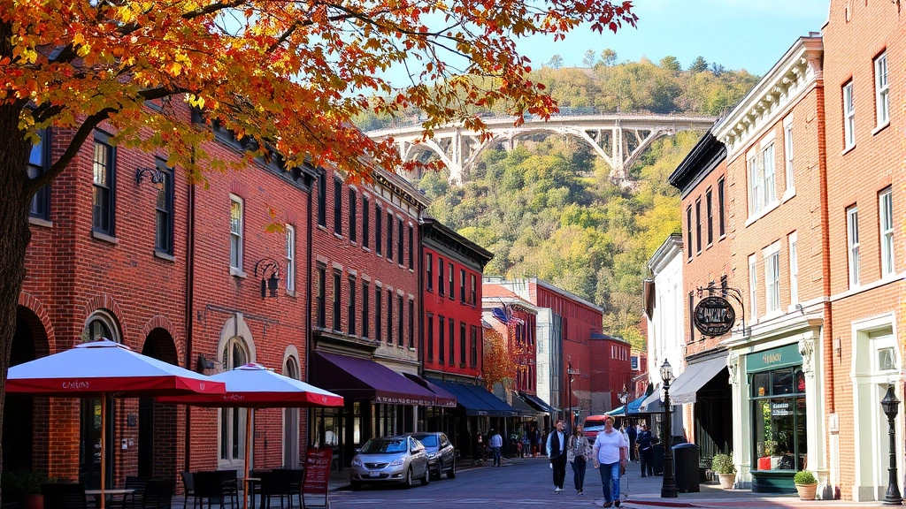 Harpers Ferry historic downtown street lined with brick buildings, autumn foliage overhead, outdoor dining area with umbrellas, pedestrians walking, charming small-town ambiance