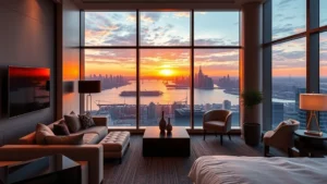 Modern luxury hotel room overlooking Hudson River and Manhattan skyline at sunset, contemporary furnishings, floor-to-ceiling windows, warm lighting, photorealistic