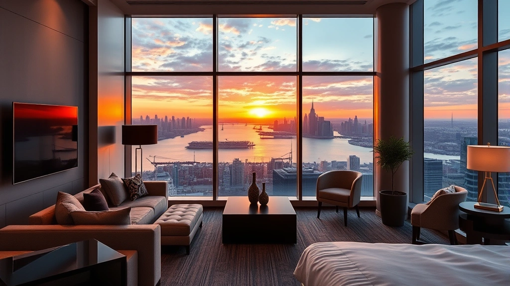 Modern luxury hotel room overlooking Hudson River and Manhattan skyline at sunset, contemporary furnishings, floor-to-ceiling windows, warm lighting, photorealistic