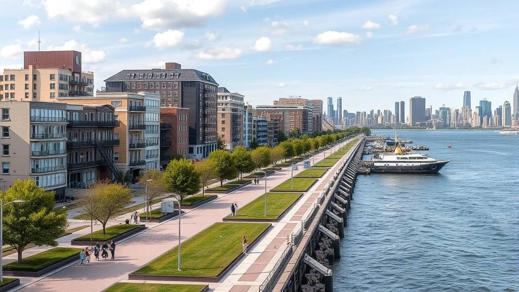 Hoboken waterfront promenade with hotels in background, Hudson River, Manhattan skyline visible across water, parks, pedestrians walking, daytime, photorealistic