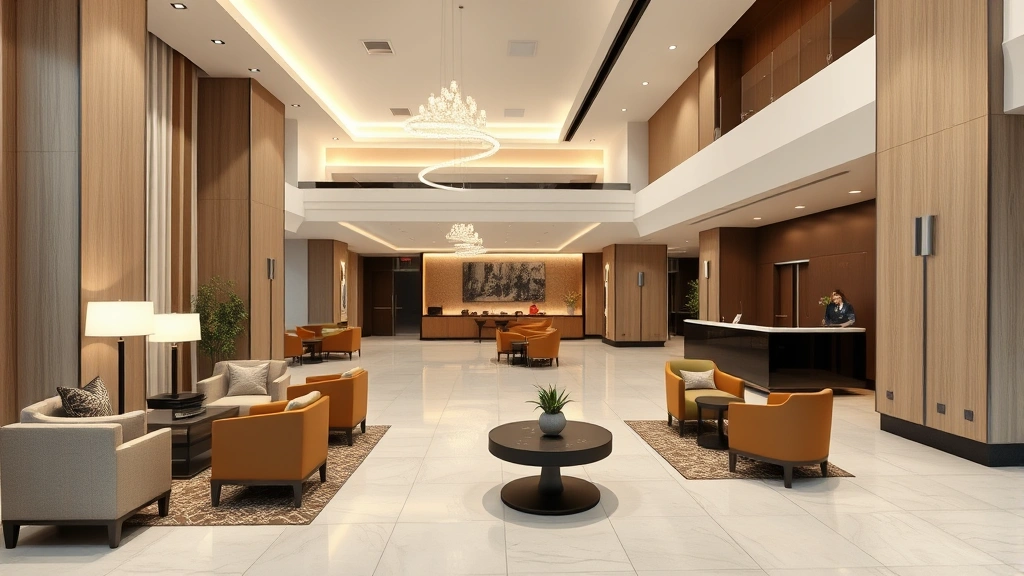 Hotel lobby with contemporary design, comfortable seating areas, concierge desk, modern lighting fixtures, neutral tones, professional atmosphere, photorealistic