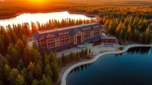 Aerial view of a modern hotel building surrounded by pine forests and a pristine lake during golden hour sunset, showing the architectural design and natural landscape integration typical of Upper Peninsula hospitality properties