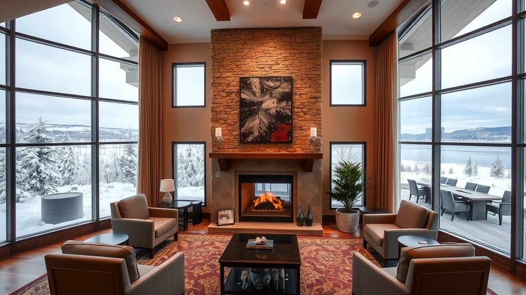 Interior shot of a contemporary hotel lobby featuring a stone fireplace, comfortable seating areas, and large windows overlooking a winter landscape with snow-covered trees and distant water views