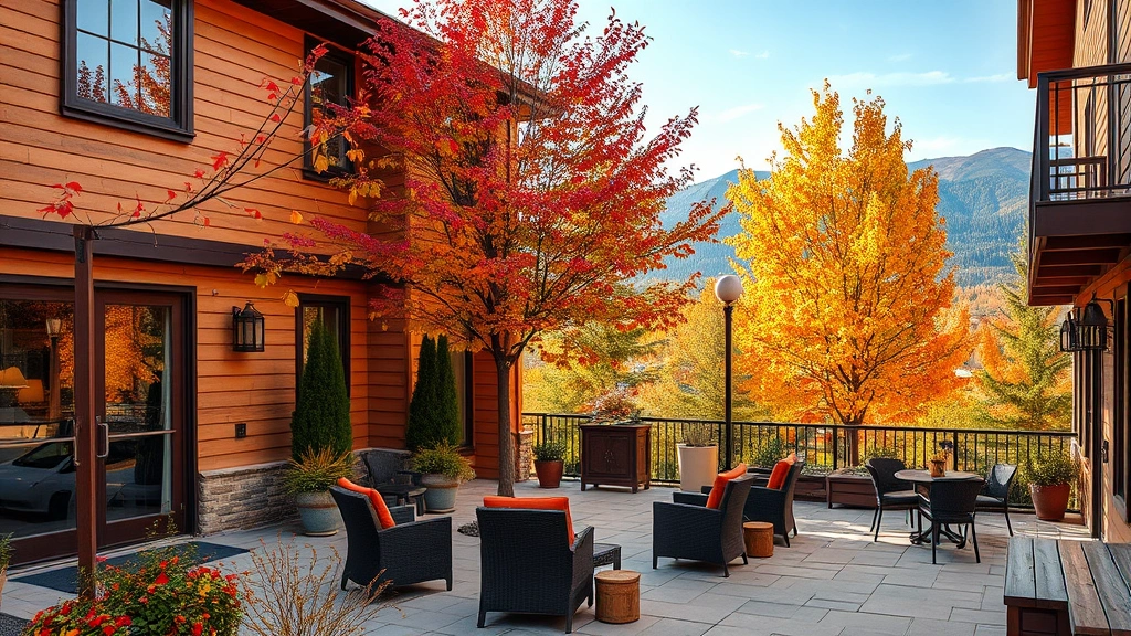 Outdoor hotel courtyard or patio area during autumn with colorful fall foliage, comfortable seating arrangements, and a clear view of mountains or forest scenery in the background