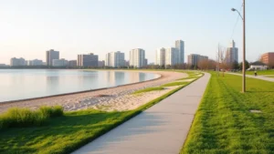 Serene lakefront promenade with calm water, sandy beach area, green grass, and residential buildings in background, morning light, no people visible, peaceful residential Chicago neighborhood aesthetic