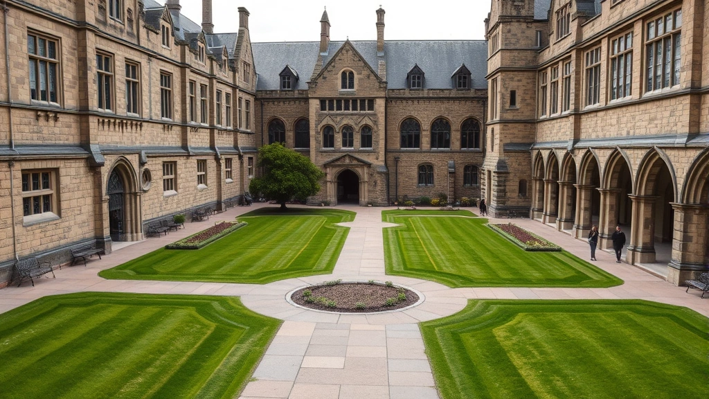 University Gothic architecture courtyard with manicured lawns, historic stone buildings, walking paths, natural landscaping, architectural details visible, daytime, tranquil academic setting without people
