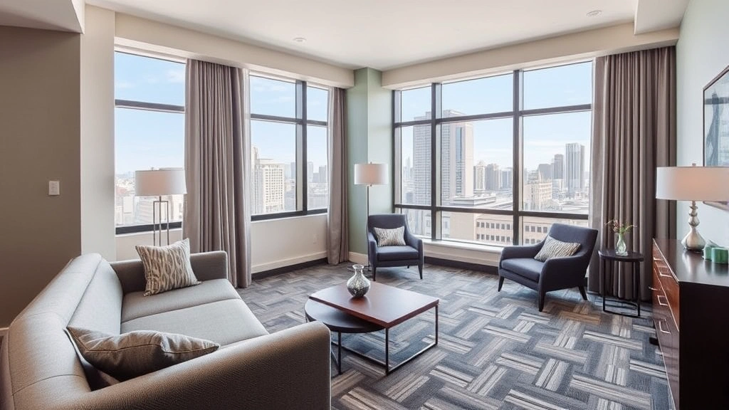 Modern hotel suite interior with comfortable seating area, contemporary furnishings, large windows with city/neighborhood views, neutral color palette, professional hospitality environment, inviting guest space