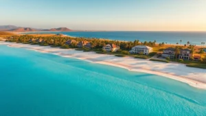 Aerial view of pristine white sand beach with turquoise water, palm trees, and beachfront resort buildings in background, golden hour lighting, Cape Verde island landscape