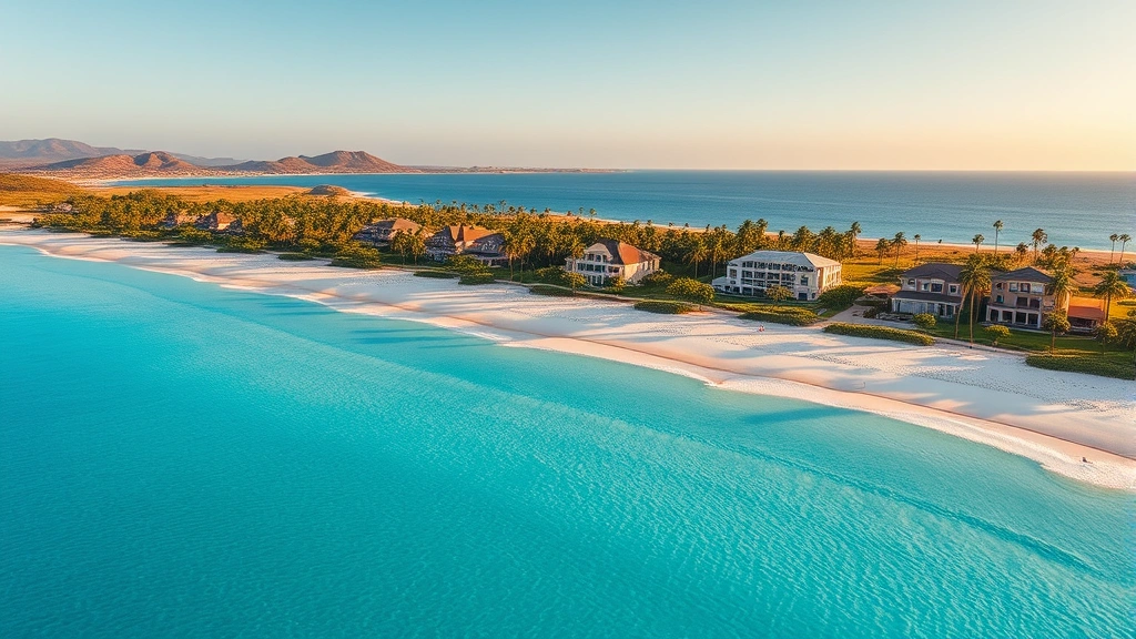Aerial view of pristine white sand beach with turquoise water, palm trees, and beachfront resort buildings in background, golden hour lighting, Cape Verde island landscape