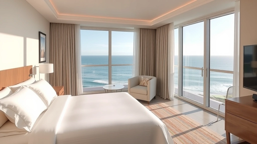 Modern hotel room interior with ocean view balcony, comfortable bed with white linens, contemporary furnishings, natural light from large windows overlooking Atlantic coastline