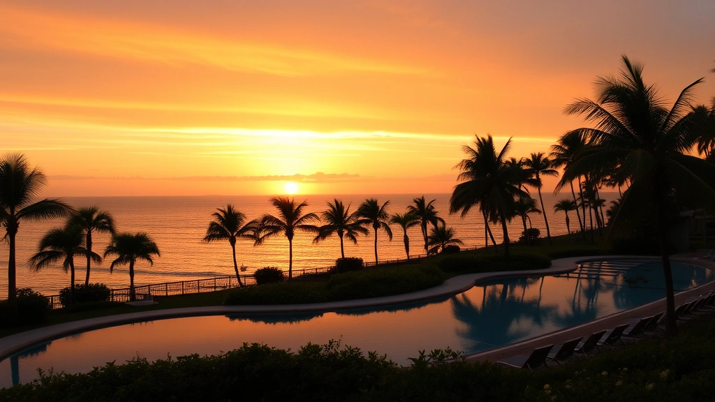 Sunset over Atlantic Ocean from resort pool area with loungers, tropical vegetation, calm water reflecting orange sky, silhouettes of palm trees, peaceful resort atmosphere